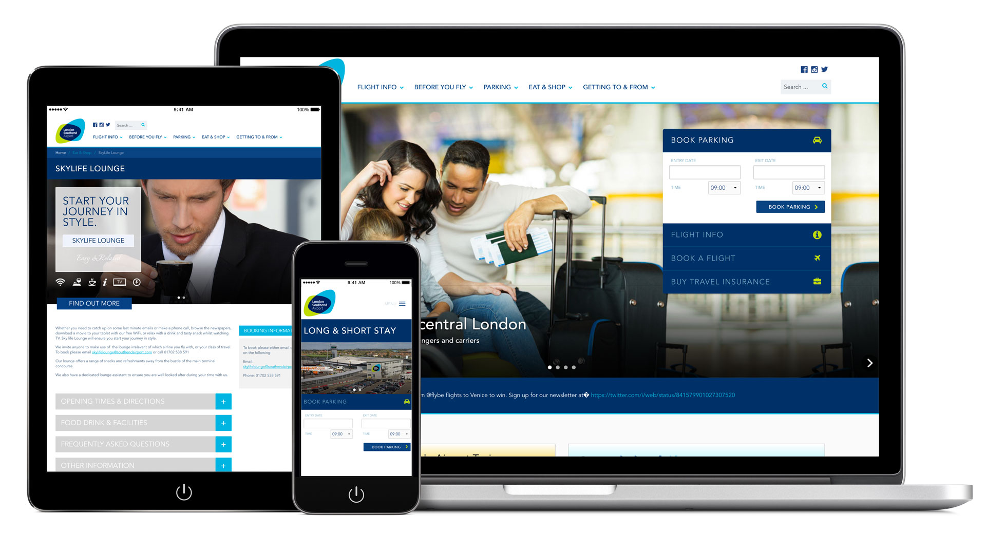 Image showcasing how the london southend airport website appears on , desktop, tablet and mobile devices. 