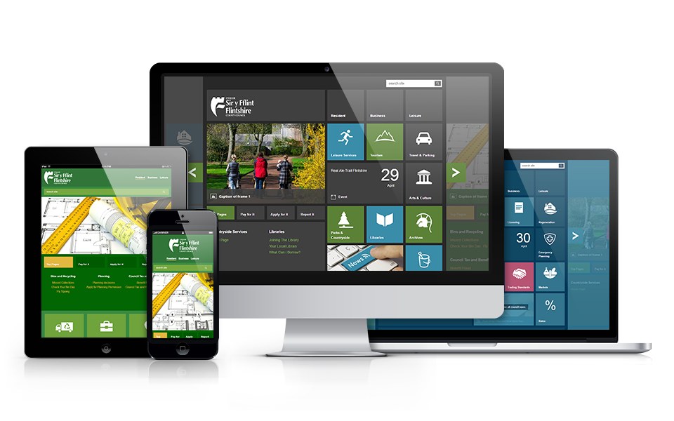 Image showcasing how the Fltinshire county council website appears on , desktop, tablet and mobile devices. 