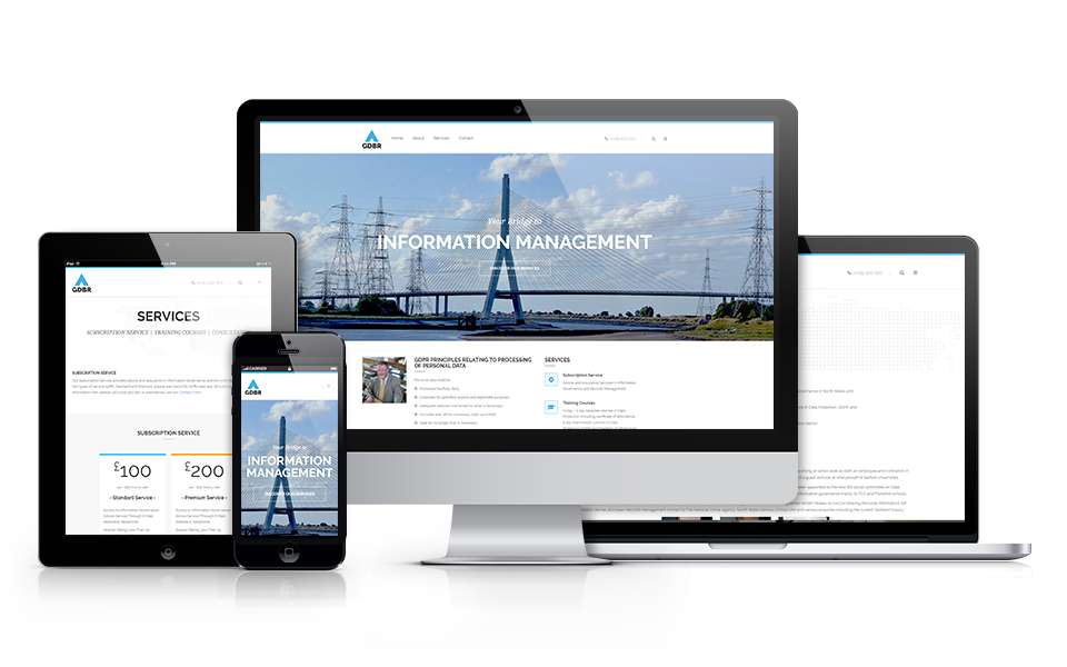 Image showcasing how the gdbr website appears on , desktop, tablet and mobile devices. 